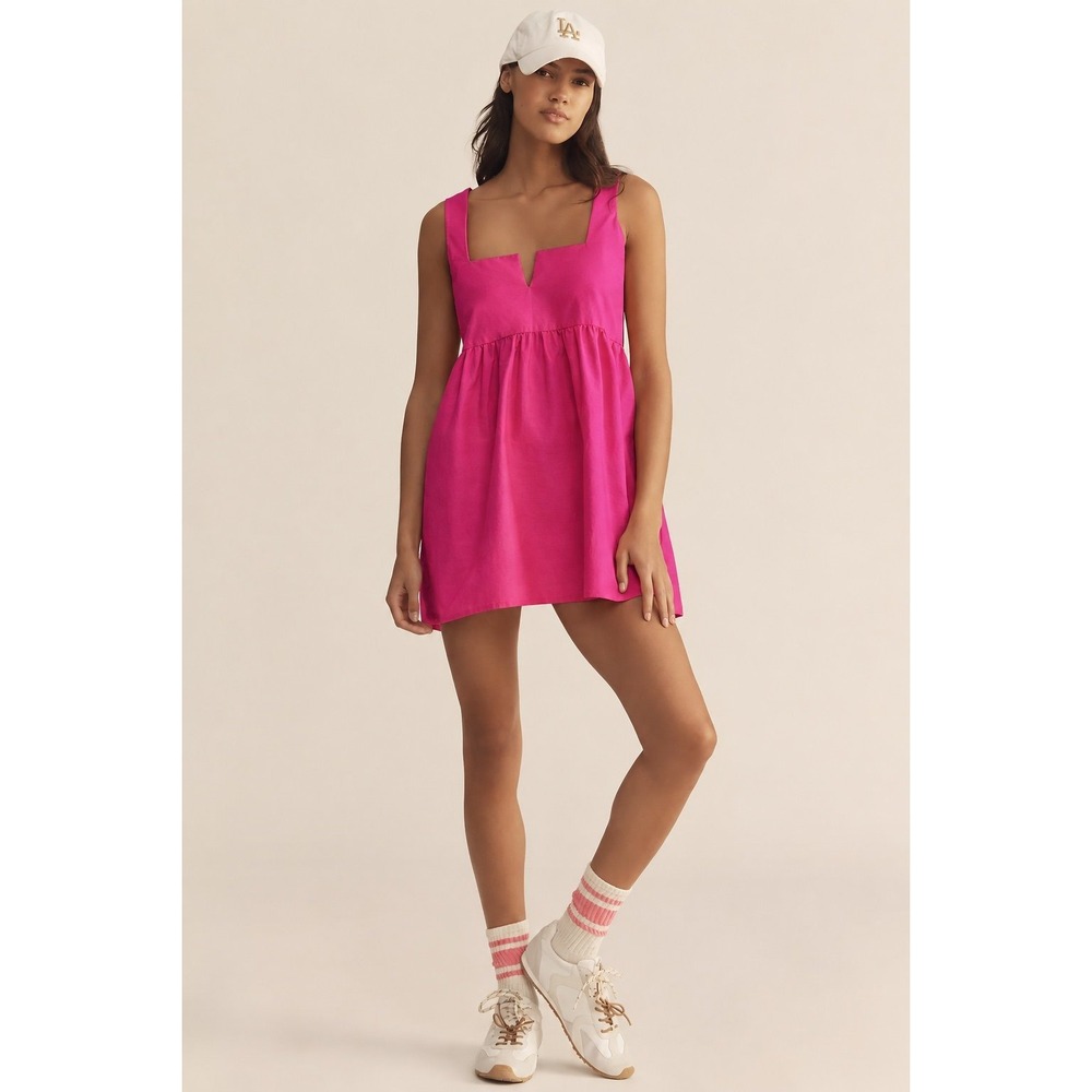 Anthropologie Daily Practice Fuchsia Notch Neck Babydoll Mini Dress L NWT